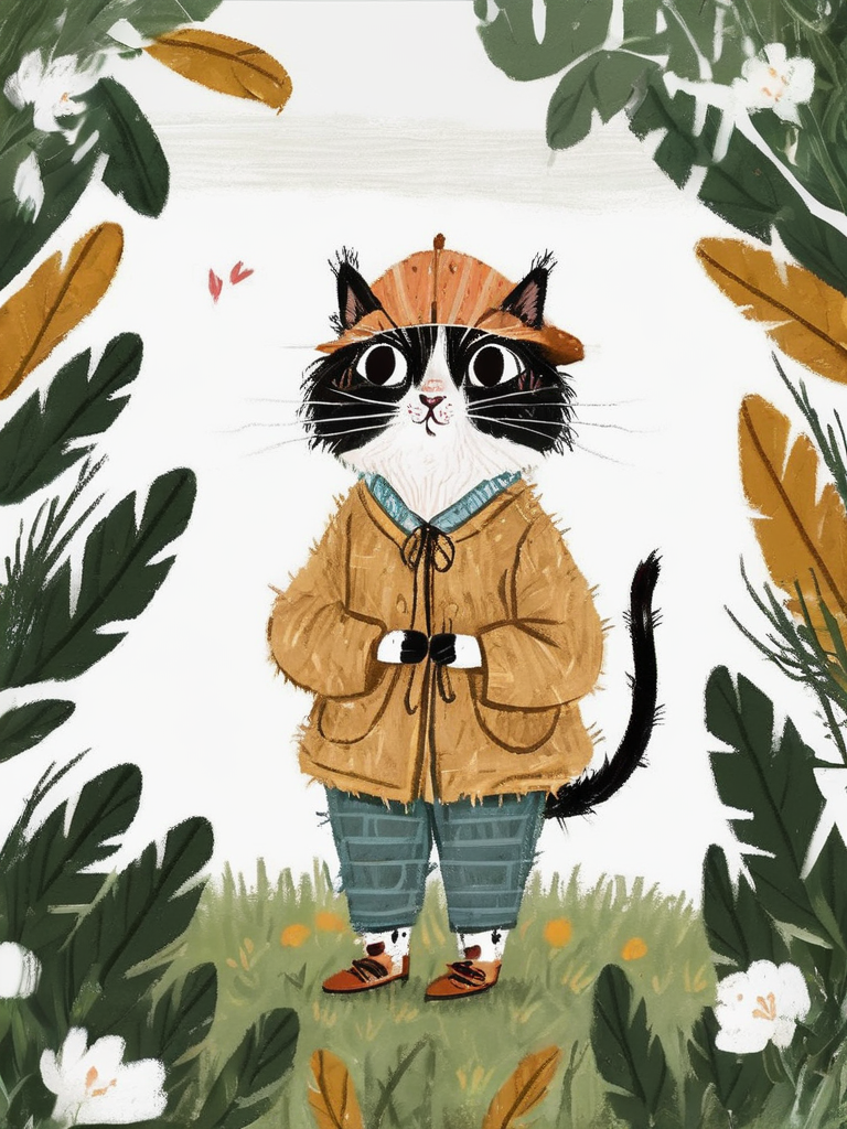 02138-415445531-best quality,masterpiece,childpaint,lovely,children's illustration,cute little cat,white_background,forest,clothes,beautiful_det.png